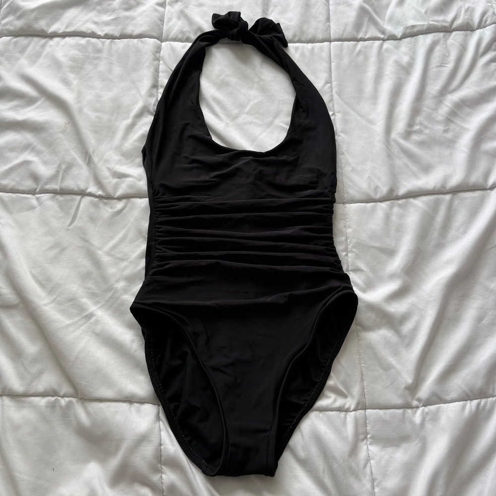 Miraclesuit Womens Ruched Halter One Piece Swimsuit Black Womens 10 Quiet Luxury